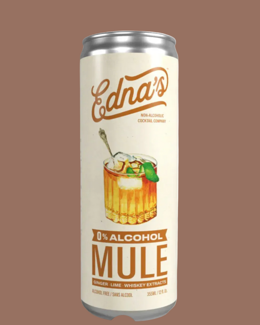 Edna's 0% Alcohol Mule can on a brown background