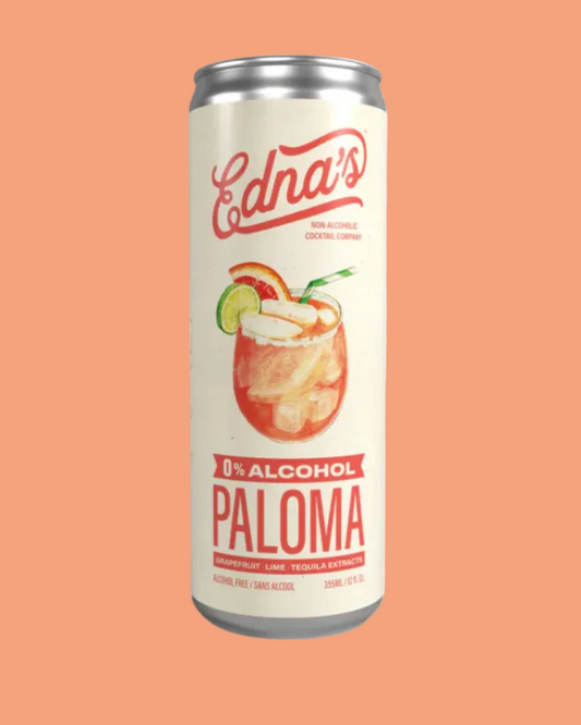 Edna's Paloma non-alcoholic drink can on a peach background