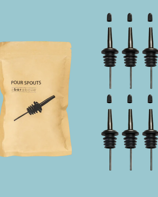 Packaging of 'Pour Spouts' with black pour spouts on a blue background