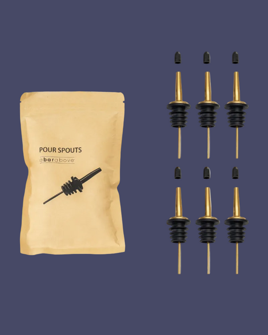 Packaging of Pour Spouts with six bottle nozzles on a dark blue background