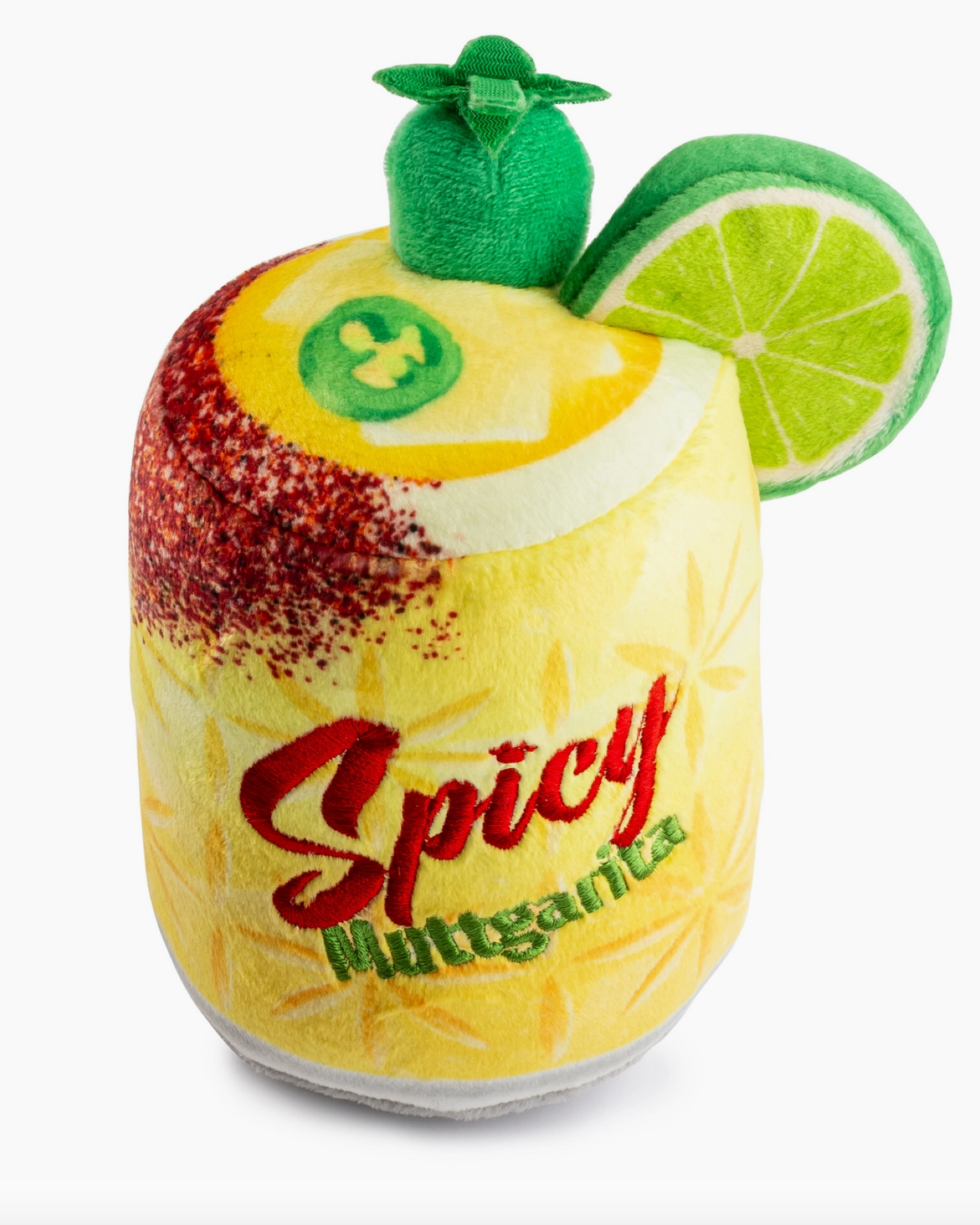 Plush toy shaped like a spicy margarita with jalapeño and lime garnish on a white background