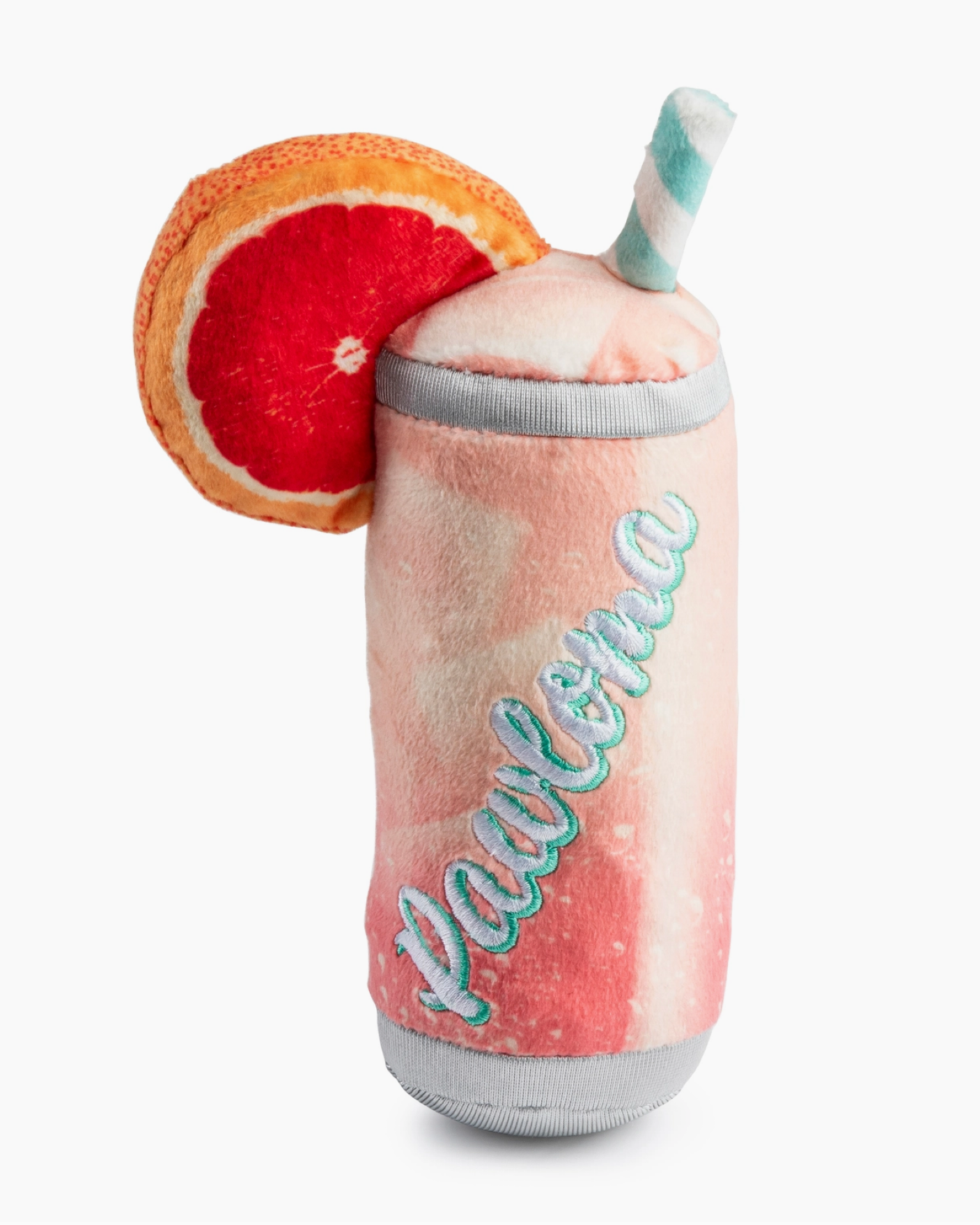 Plush toy resembling a Malalolo smoothie with a grapefruit slice on a white background