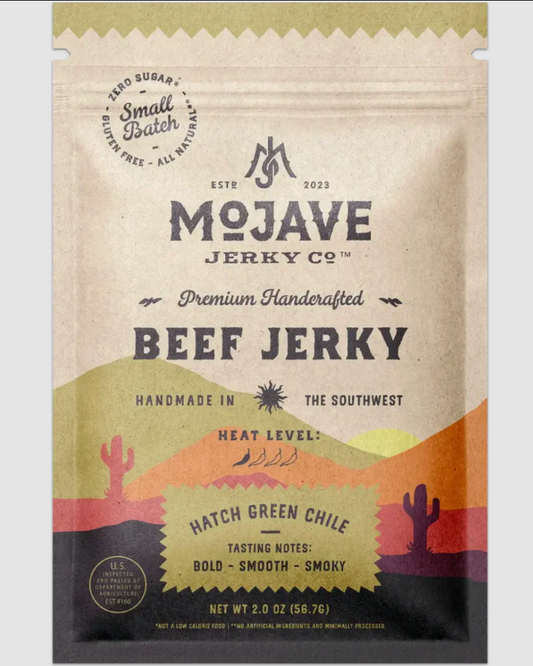 Mojave Jerky Co. beef jerky package with desert landscape design
