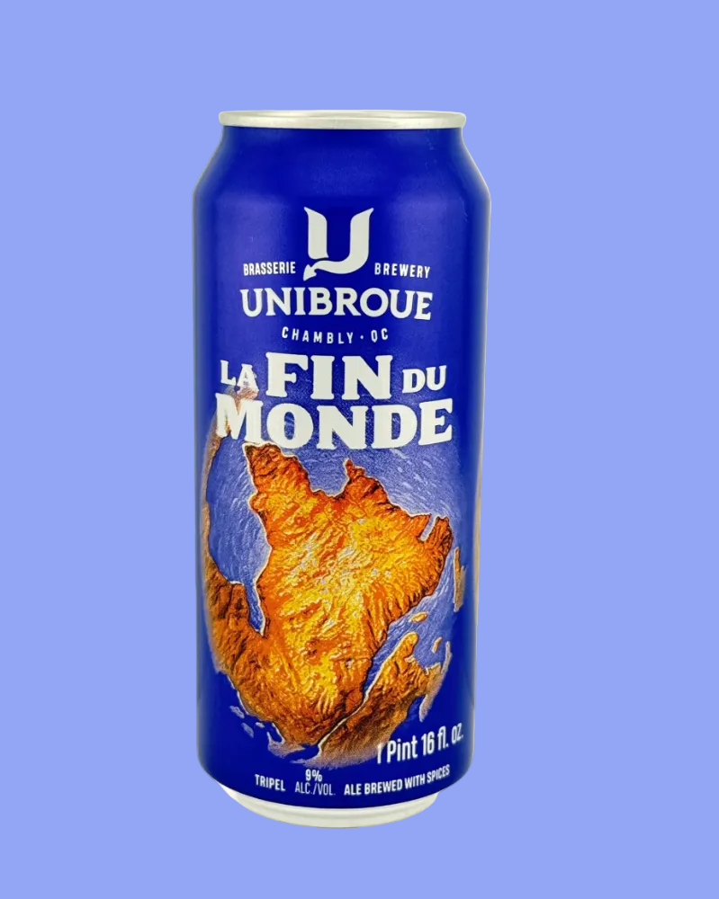 Unibroue La Fin du Monde beer can on a blue background