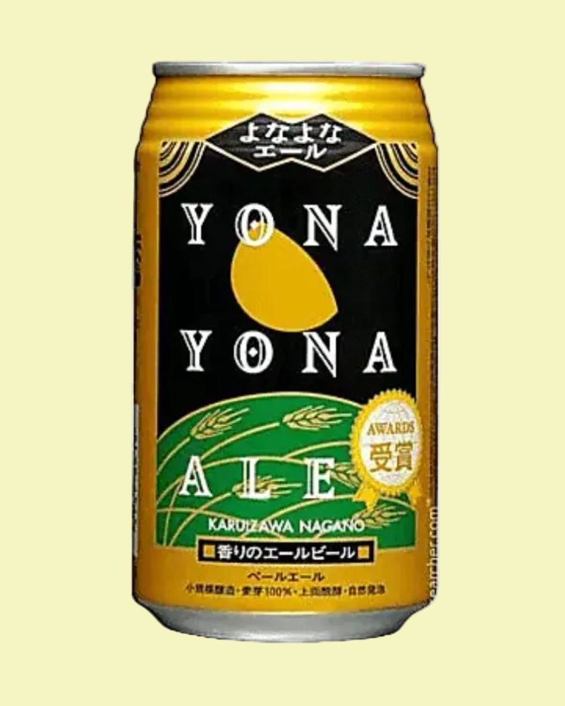 Can of Yona Yona Ale with yellow, black, and green design on a white background