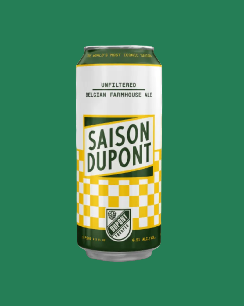 Saison Dupont beer can on a white background