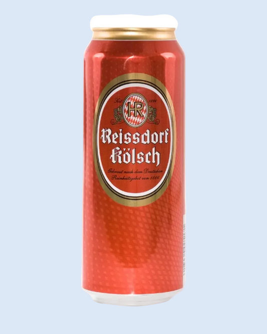 Red beer can with 'Reissdorf Kolsch' label on a white background