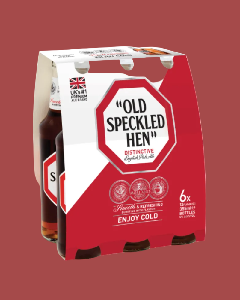 Pack of Old Speckled Hen beer bottles with red and white packaging.