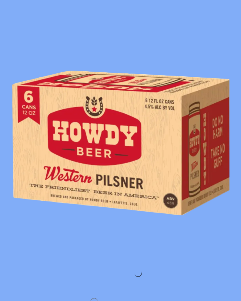 Box of Howdy Beer Western Pilsner on a white background