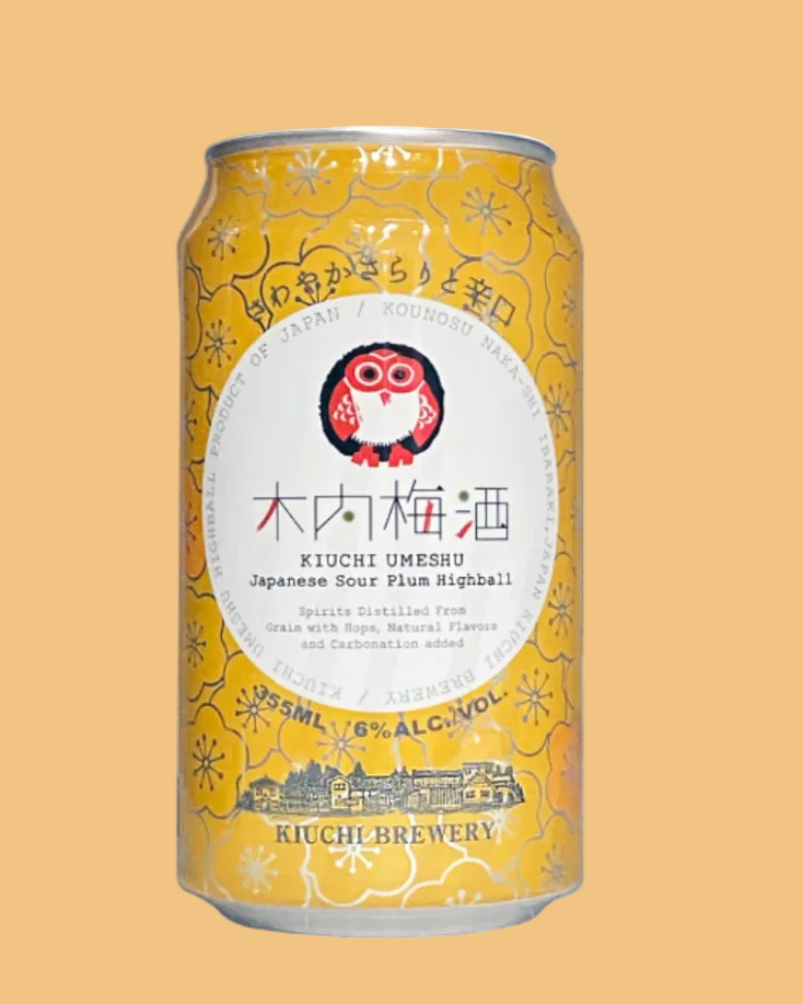 Can of Kiuchi Umesu Japanese Sour Plum Highball with owl design on a yellow background