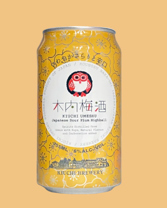 Can of Kiuchi Umesu Japanese Sour Plum Highball with owl design on a yellow background