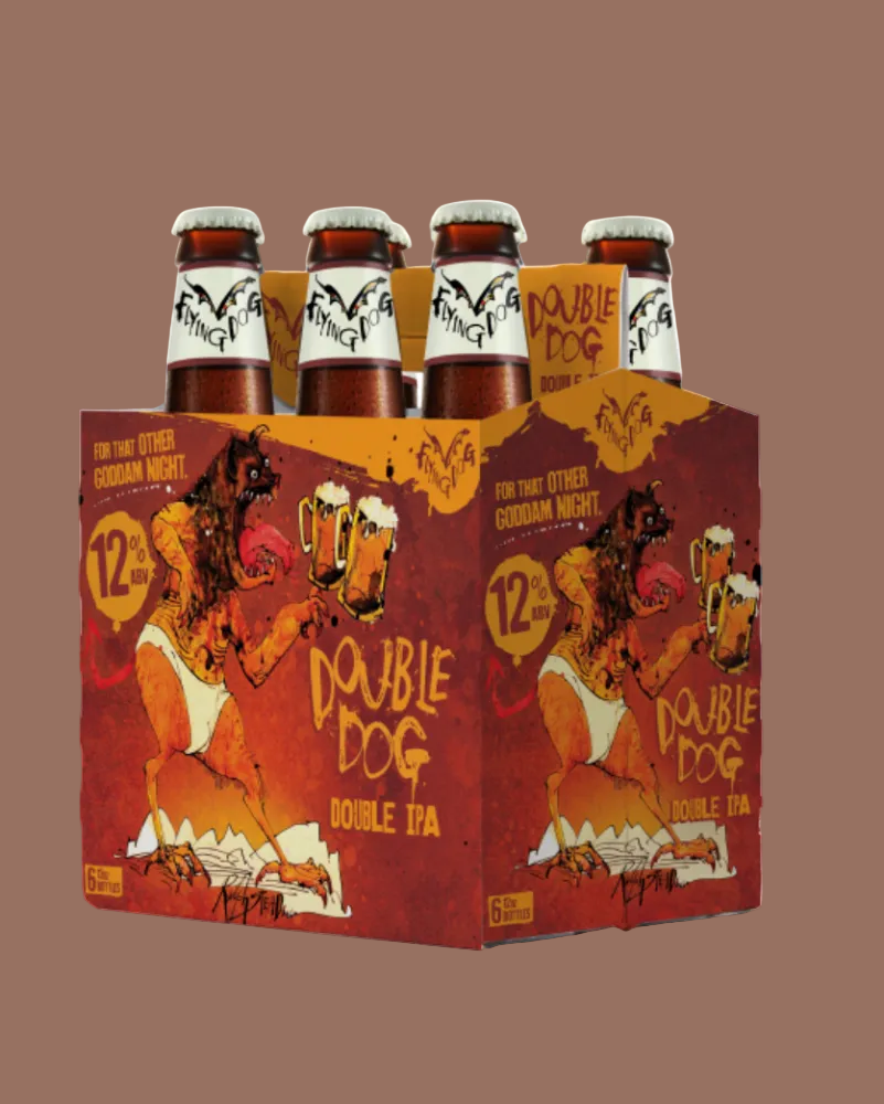 Six-pack of Double Dog Double IPA beer in a decorative cardboard holder.