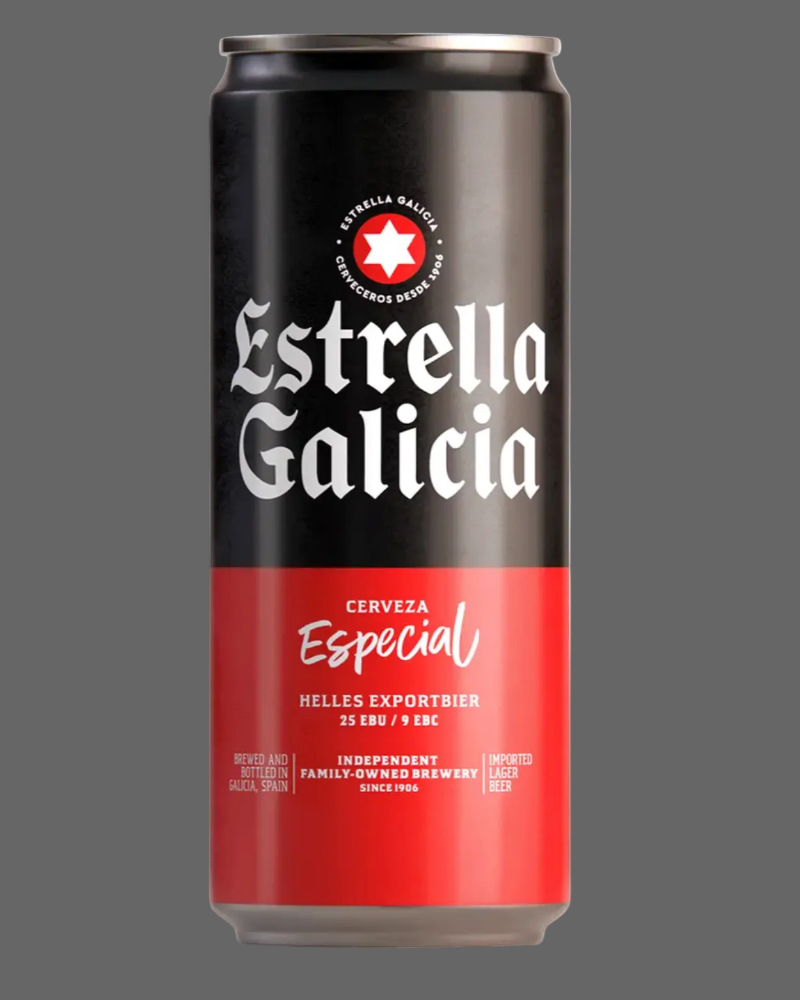 Estrella Galicia beer can on a gray background