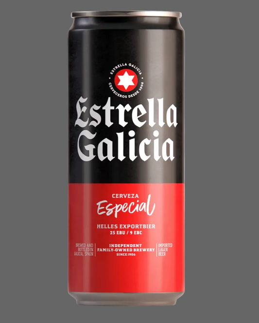 Estrella Galicia beer can on a gray background