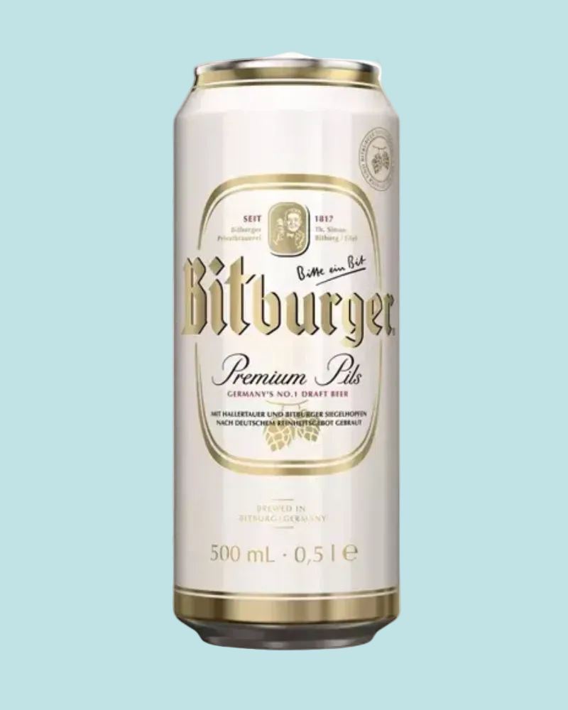 Bitburger beer can on a light blue background