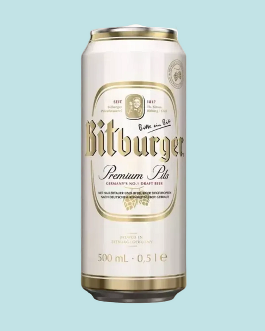Bitburger beer can on a light blue background