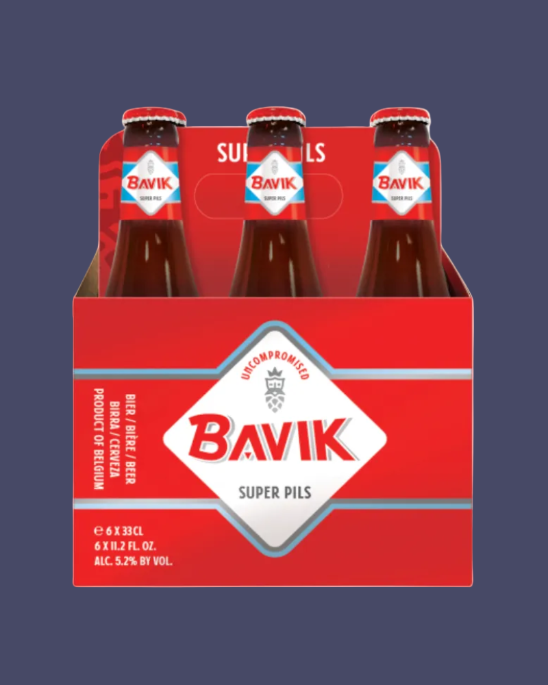 Six-pack of Bavik Super Pils beer bottles in a red box on a white background
