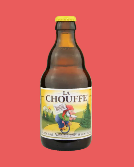 La Chouffe beer bottle with label on a white background