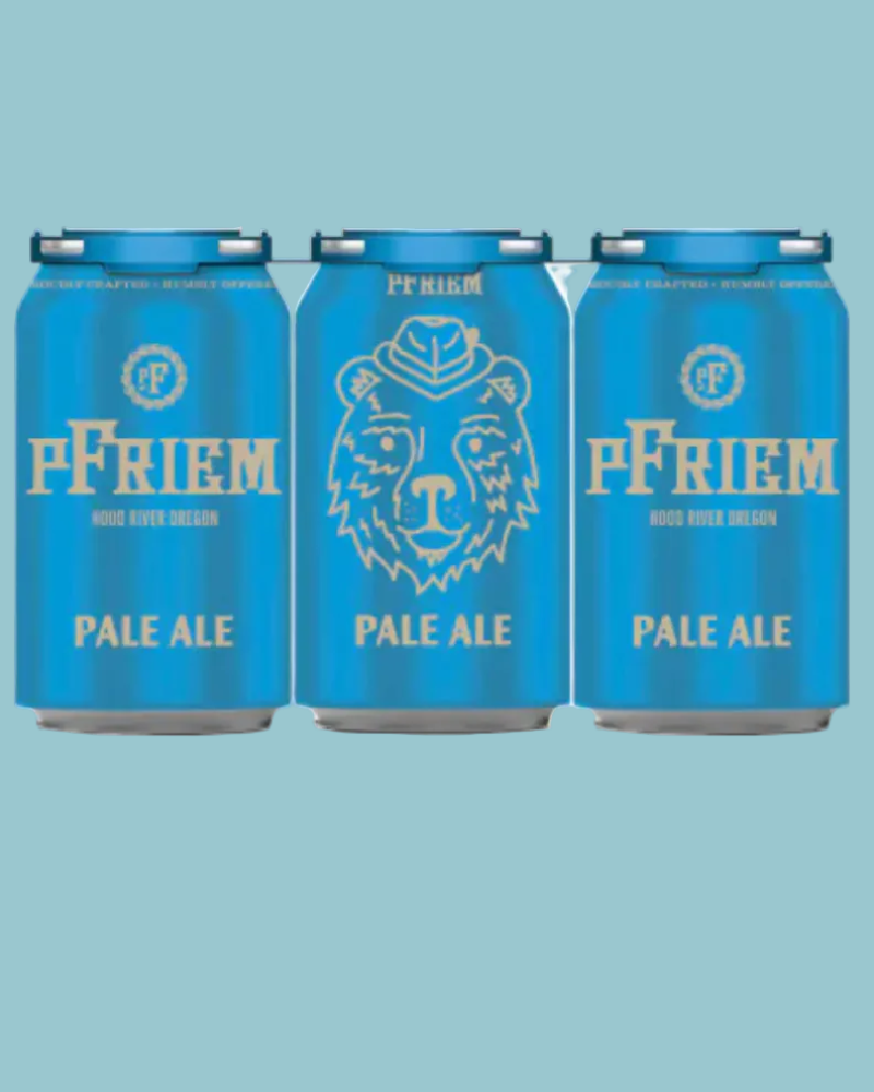 Three cans of PFriem Pale Ale on a white background