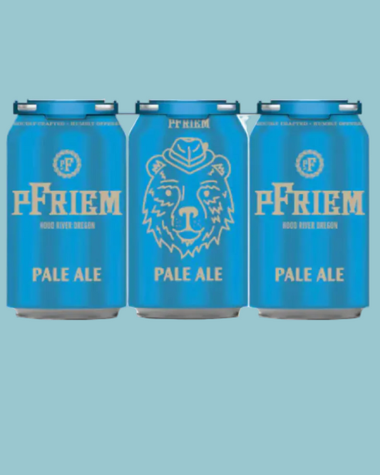 Three cans of PFriem Pale Ale on a white background