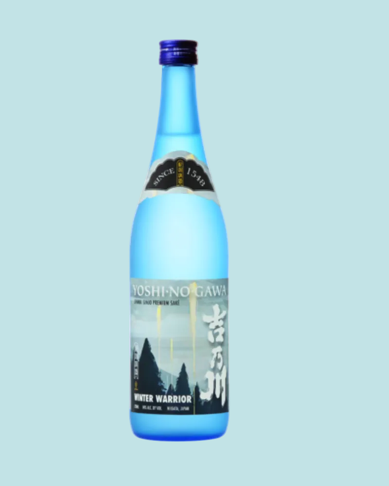 Bottle of Yoshino Gawa sake with blue label on a white background