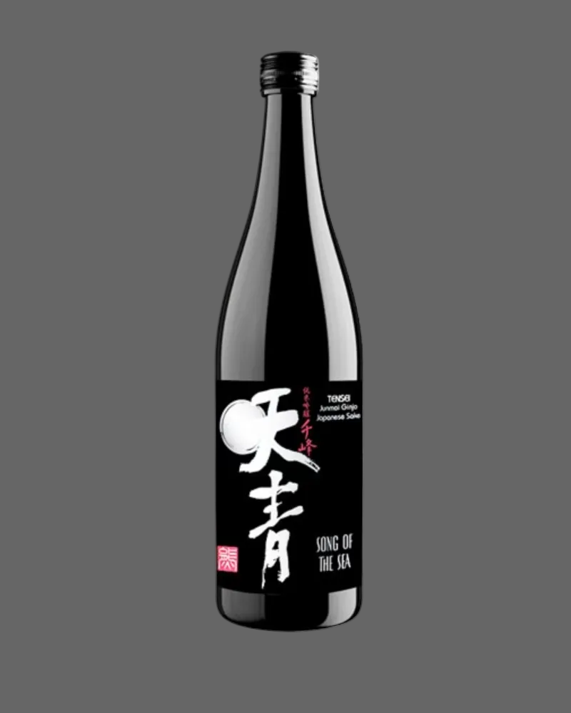 Sake bottle with black label featuring white text on a white background