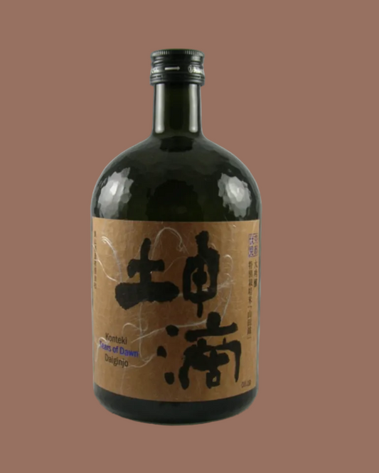 Bottle of Japanese sake with a brown label on a white background