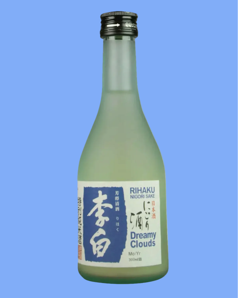 Bottle of Rihaku Dreamy Clouds sake on a blue background