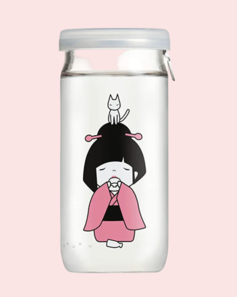 Clear water bottle with a cartoon character on a white background