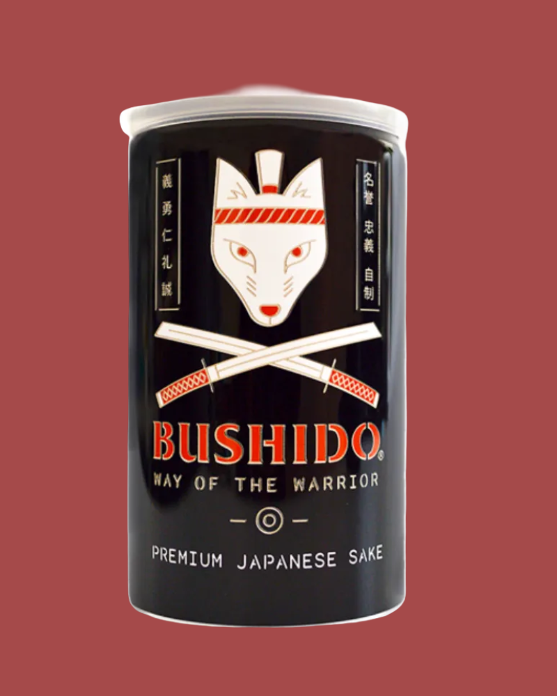 Bushido premium Japanese sake can with fox and sword design on a white background