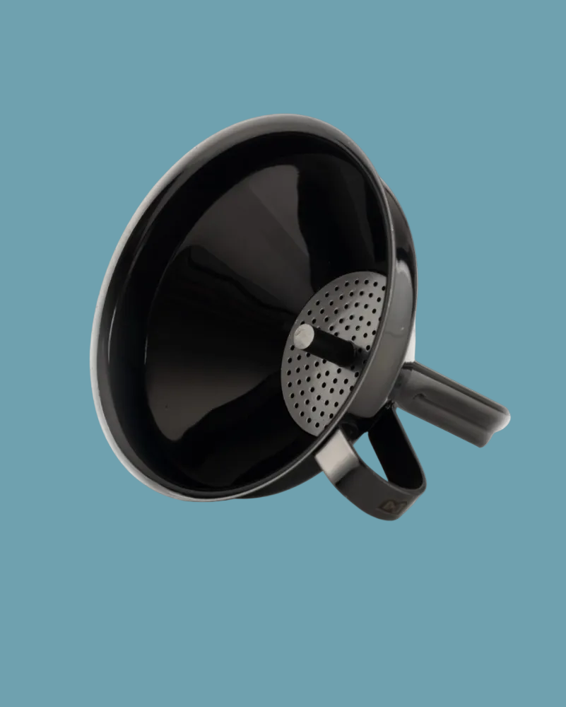 Black kitchen funnel with perforated base on a white background