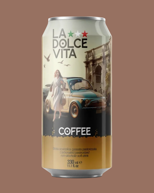 La Dolce Vita coffee can with vintage car and woman design on a white background