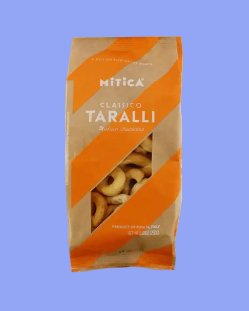 Packaged food item with orange and brown design on a white background
