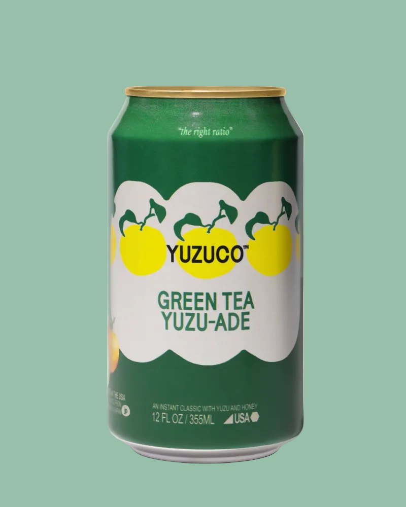 Green can of Yuzuco Green Tea Yuzu-Ade on a white background