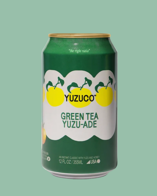 Green can of Yuzuco Green Tea Yuzu-Ade on a white background