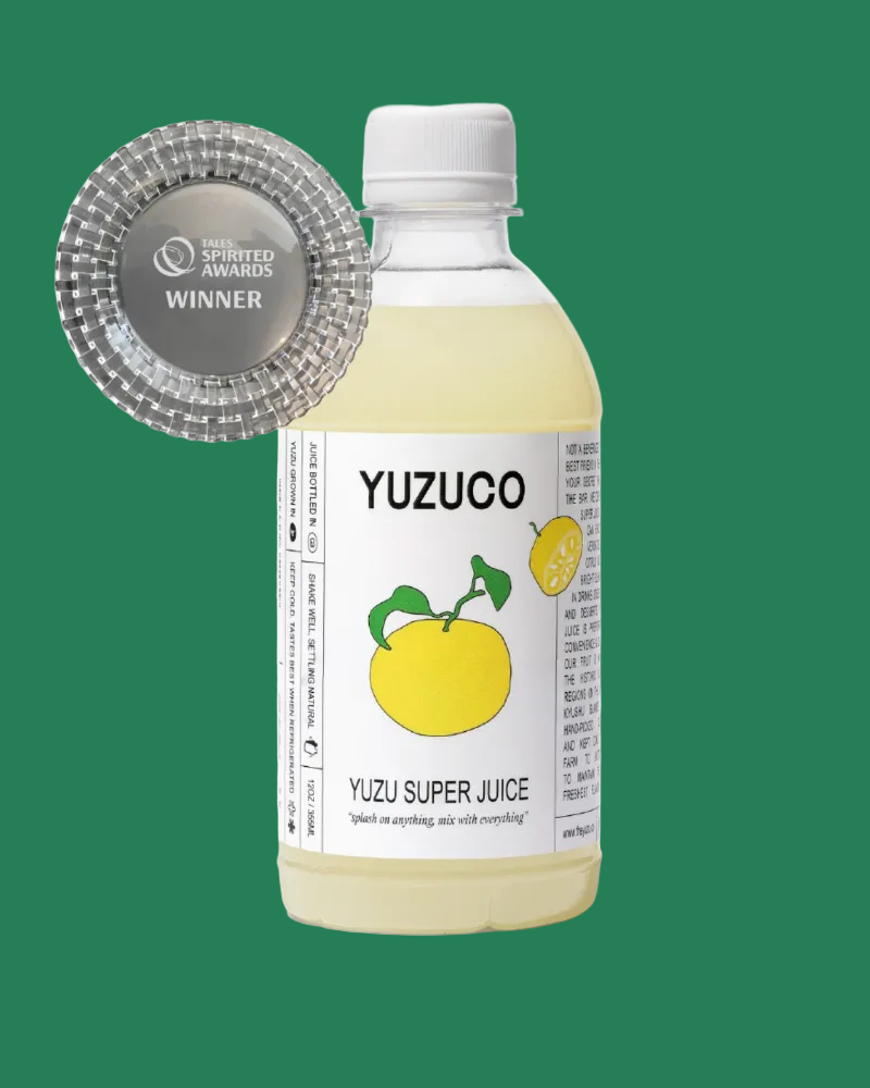 Yuzu super juice bottle with a silver award on a white background