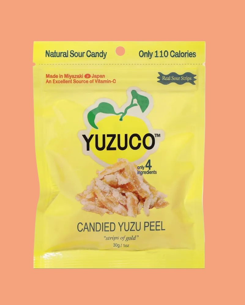 Yuzuco candied yuzu peel package on a white background