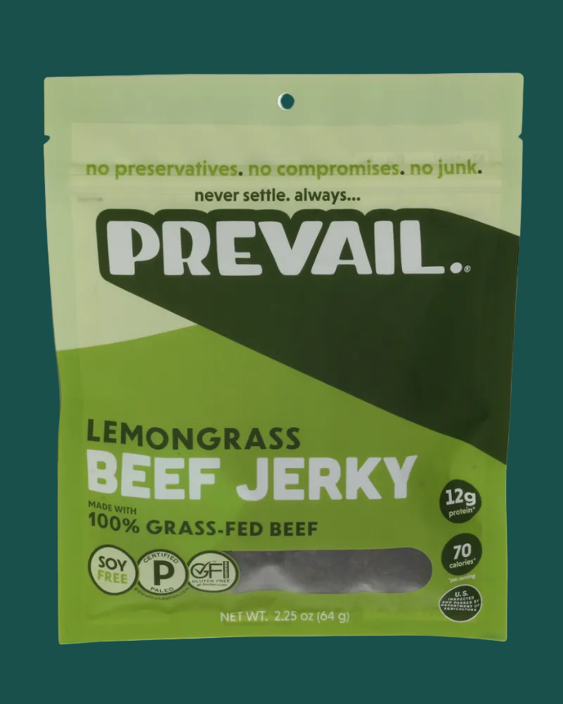 Green package of Prevail Lemongrass Beef Jerky on a white background