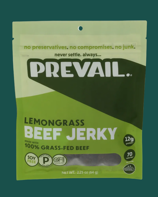 Green package of Prevail Lemongrass Beef Jerky on a white background