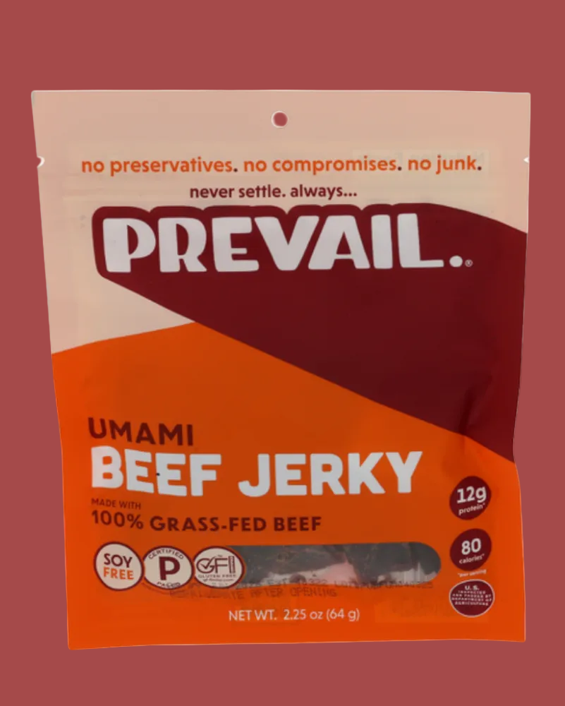 Package of Prevail Umami Beef Jerky on a white background