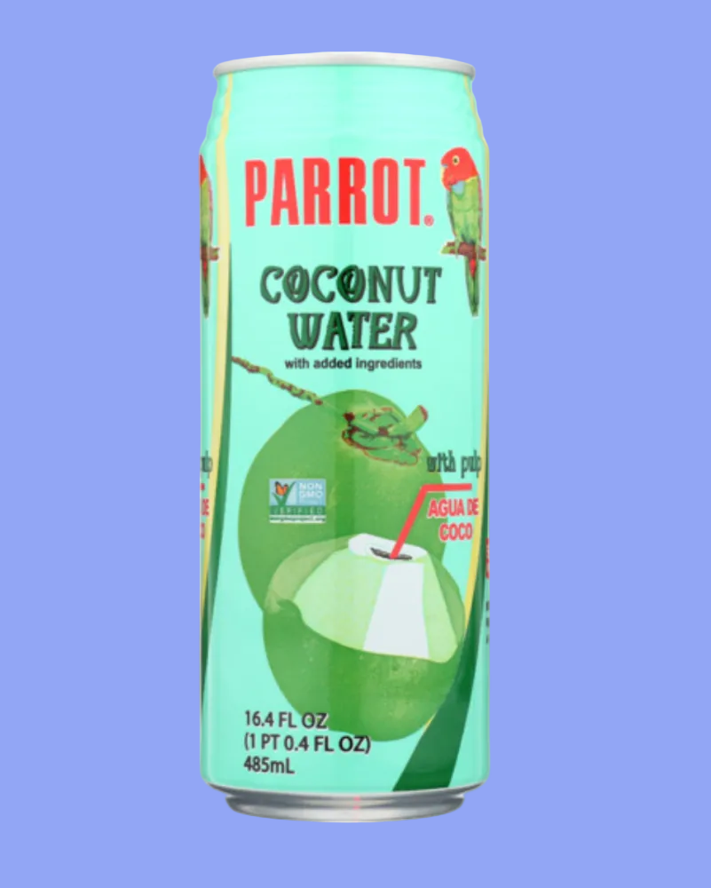 Can of Parrot Coconut Water with a green design on a white background