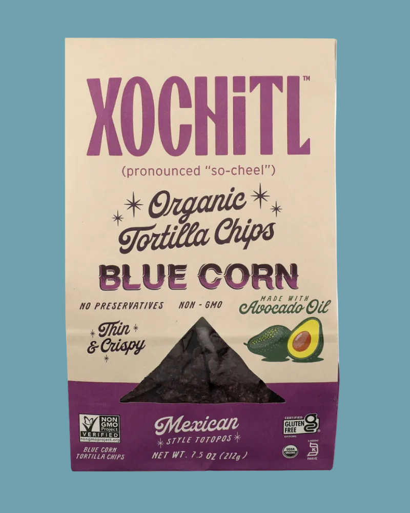 Xochitl Blue Corn Tortilla Chips packaging on a white background
