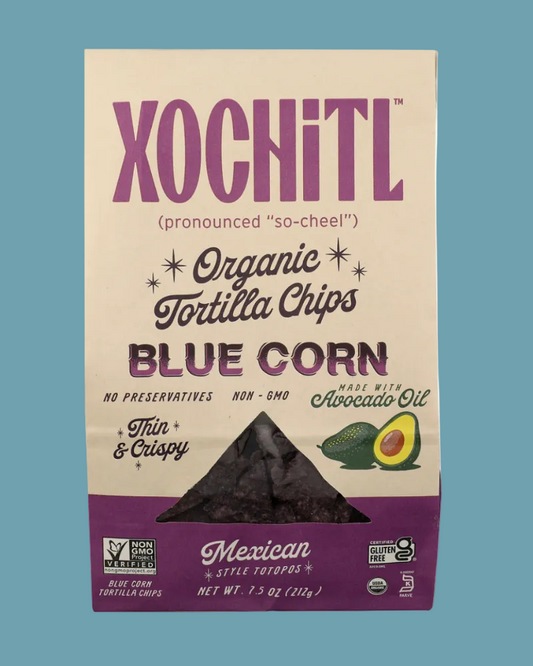 Xochitl Blue Corn Tortilla Chips packaging on a white background