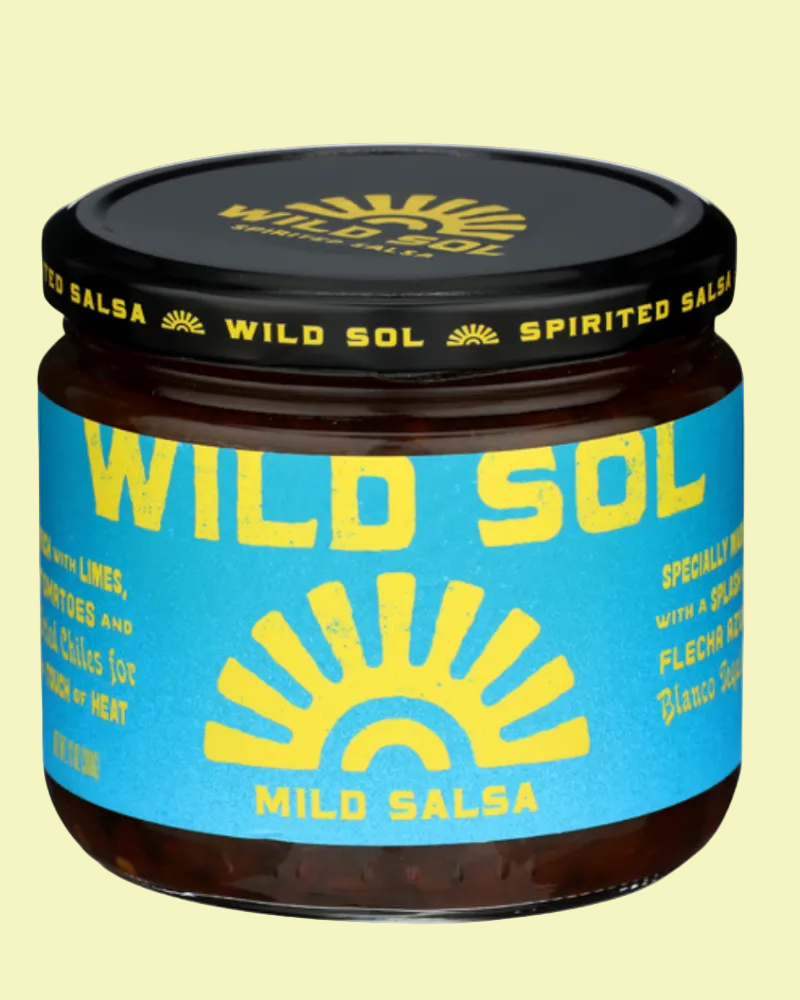 Jar of Wild Sol Mild Salsa with blue label and black lid on a white background