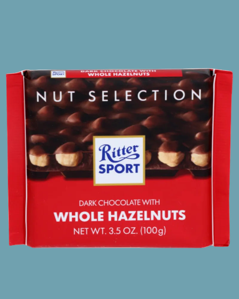 Ritter Sport chocolate bar packaging with dark chocolate and whole hazelnuts on a white background