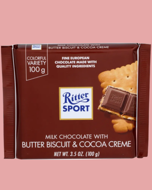 Ritter Sport milk chocolate bar with butter biscuit and cocoa crème on a white background