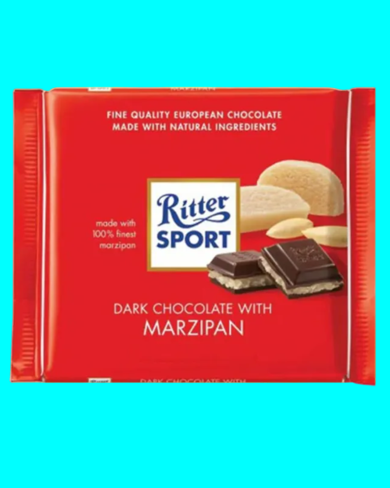 Ritter Sport dark chocolate with marzipan packaging on a blue background