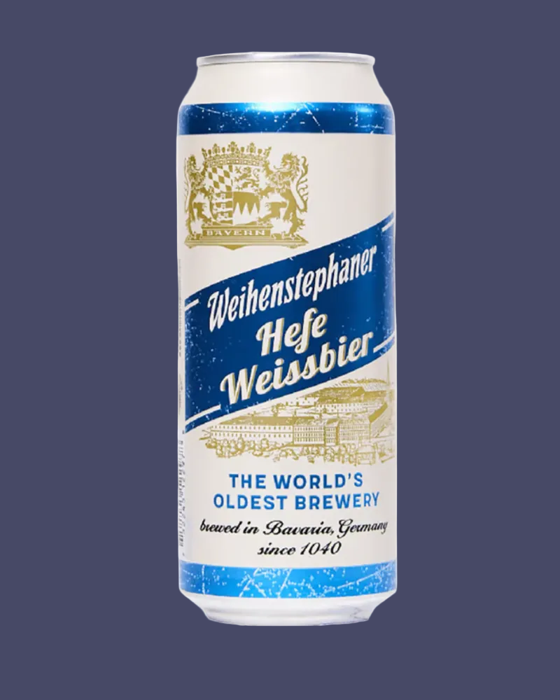 Weihenstephaner Hefe Weissbier beer can on a blue background