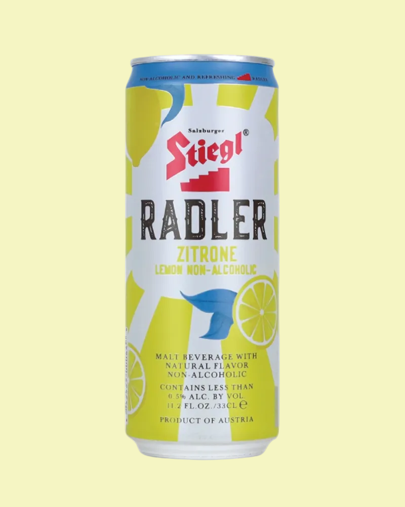 Stiegl Radler lemon non-alcoholic beverage can on a white background