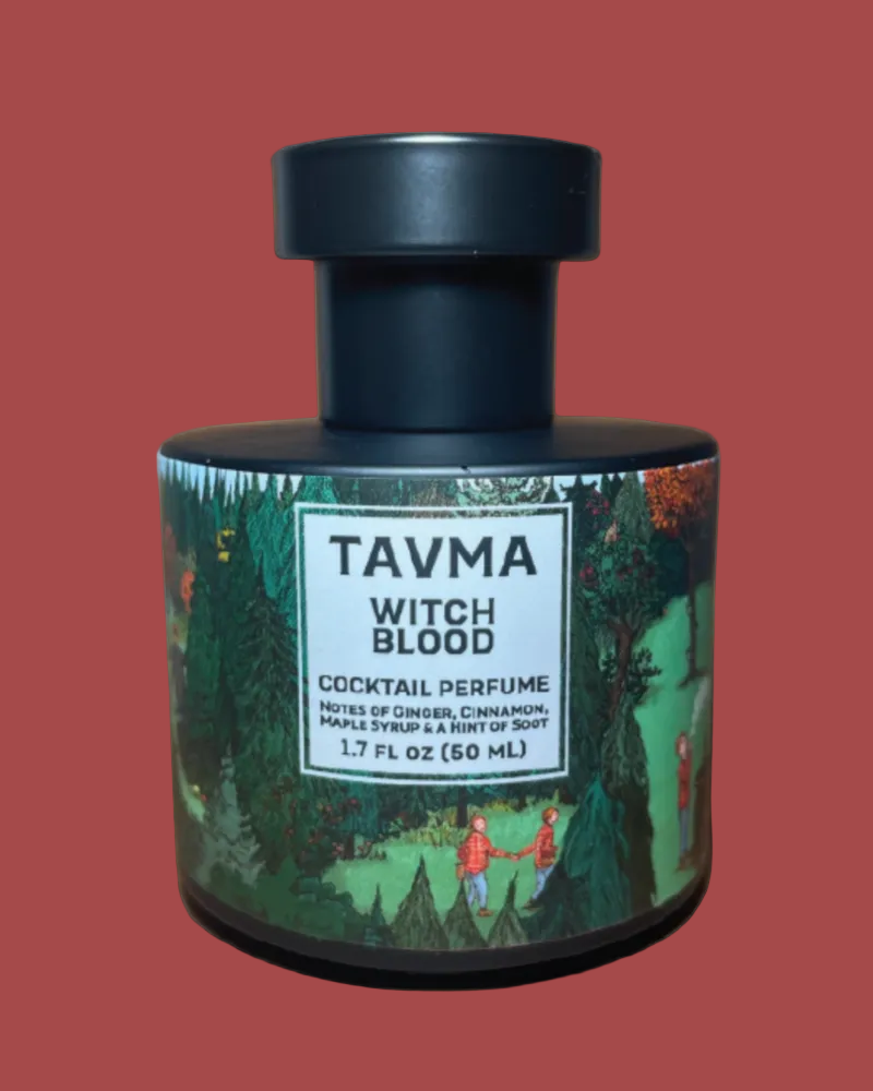 Perfume bottle labeled 'Tavma Witch Blood' on a beige background